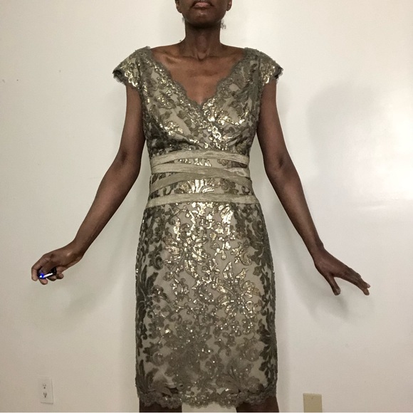 TADASHI SHOJI | Smoke Gold Illusion Lace Sequin Sheath Dress - Picture 3 of 7